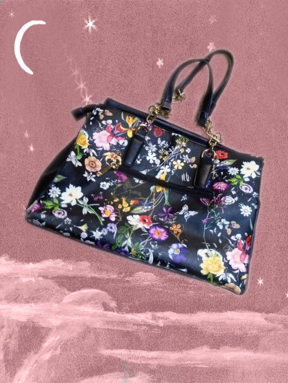 Black Floral Tote Bag in Vegan Leather, Large Purse, Dasein Copy